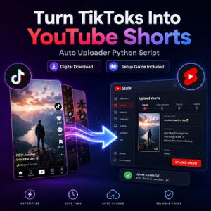 May include: Promotional graphic with the text "Turn TikToks Into YouTube Shorts." The image shows a phone with a TikTok video, a YouTube Studio interface, and icons for automated uploading, time-saving, and reliability.