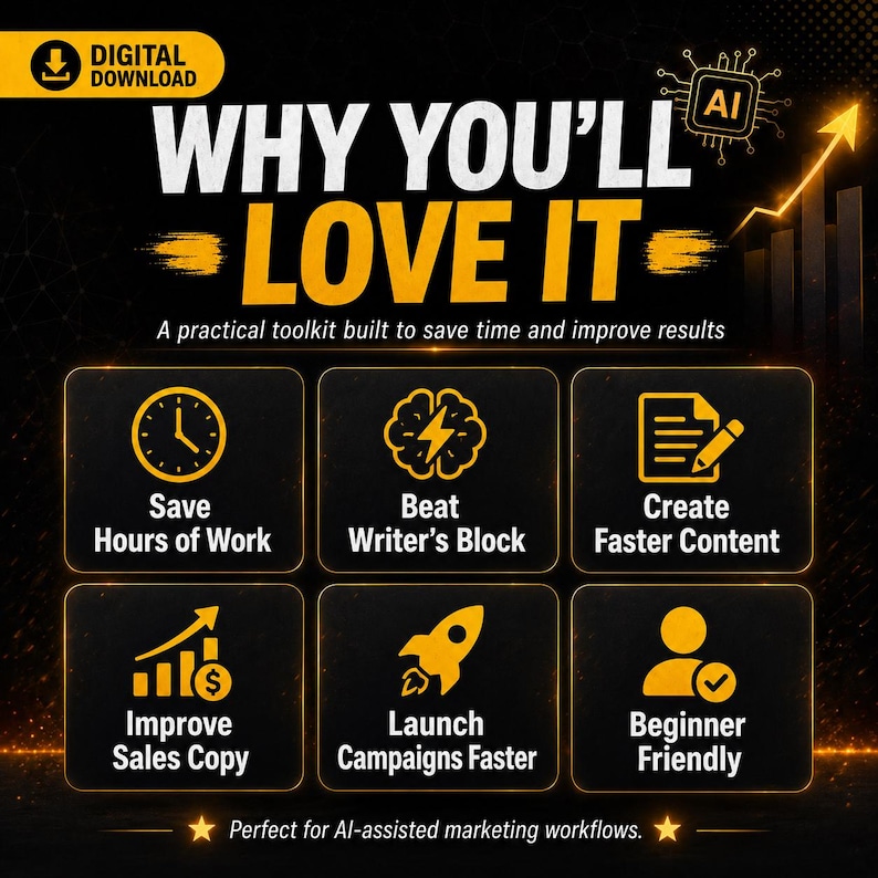 May include: A digital download graphic with a black background and gold accents. The text reads WHY YOU'LL LOVE IT, A practical toolkit built to save time and improve results, and Perfect for AI-assisted marketing workflows. Six icons illustrate benefits.