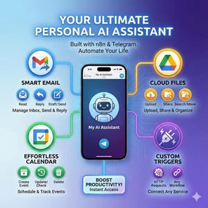Puede incluir: Infografía que promociona un asistente de IA, con un teléfono inteligente que muestra "My AI Assistant". La imagen destaca funciones como correo electrónico inteligente, archivos en la nube, calendario sin esfuerzo y activadores personalizados.