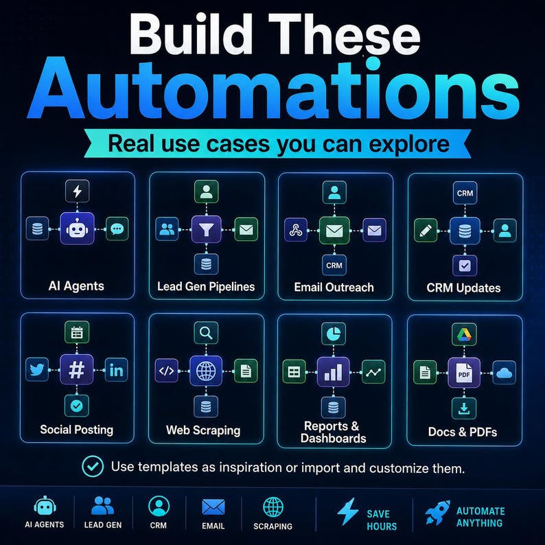 May include: A dark blue infographic titled Build These Automations with the subtitle Real use cases you can explore. It displays eight square icons representing workflows like AI Agents, Lead Gen Pipelines, Email Outreach, CRM Updates, Social Posting, Web Scraping, Reports & Dashboards, and Docs & PDFs.