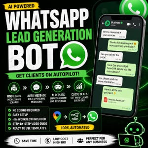 Può includere: Grafica promozionale per un bot di generazione di lead WhatsApp. Il design presenta uno smartphone che mostra una conversazione in chat, un logo WhatsApp verde e testo che evidenzia funzionalità come messaggistica automatizzata e chiusura di affari.