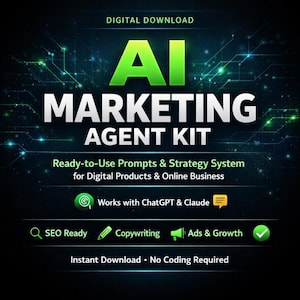 Może przedstawiać: Grafika do pobrania cyfrowego z tekstem "AI MARKETING AGENT KIT" w kolorze białym i zielonym. Obraz promuje gotowe do użycia podpowiedzi i system strategii dla produktów cyfrowych i biznesu online. Zawiera ikony dla SEO, copywritingu i reklam.