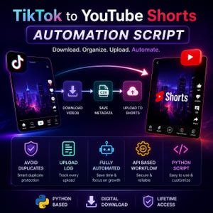 May include: A digital graphic advertising a TikTok to YouTube Shorts automation script. The image details a workflow with steps such as downloading videos, saving metadata, and uploading to Shorts. Features include avoiding duplicates and a Python script.