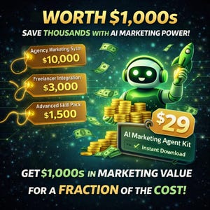 Puede incluir: Anuncio de un kit de agente de marketing de IA. La imagen presenta un robot verde sosteniendo un cohete, rodeado de dinero y monedas de oro. El texto incluye "WORTH $1,000s" y "AI Marketing Agent Kit $29".