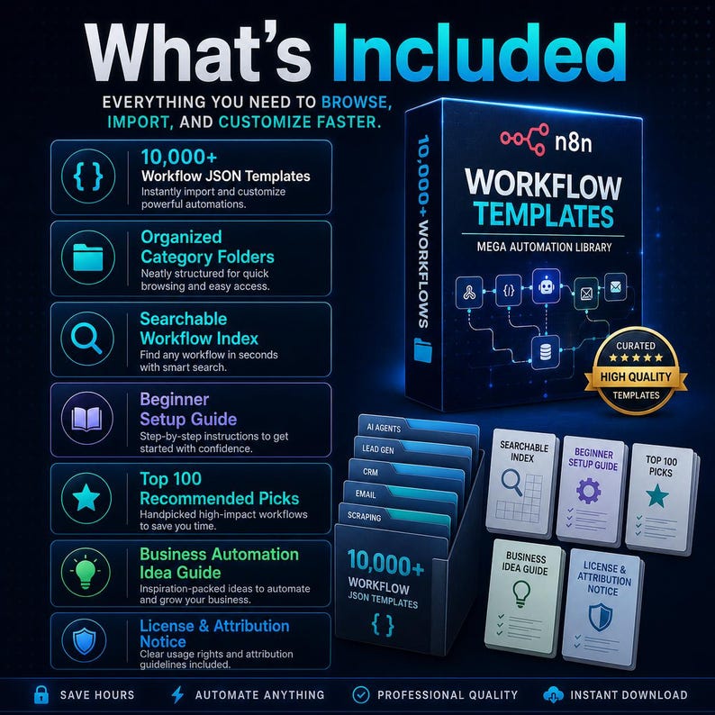 May include: A digital product package for n8n workflow templates featuring a box, a file organizer with labeled folders, and five informational cards. The text includes What's Included, 10,000+ Workflow JSON Templates, and various feature descriptions.