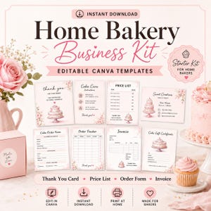 Może przedstawiać: Zestaw Home Bakery Business Kit z edytowalnymi szablonami Canva. Zestaw zawiera kartę z podziękowaniami, cennik, formularz zamówienia, fakturę i bon upominkowy na ciasto. Projekt zawiera różowe akcenty kwiatowe i ilustracje ciast.