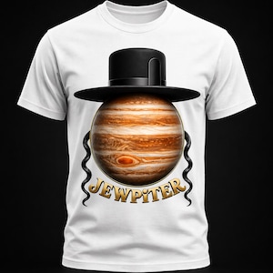 Könnte beinhalten: Weißes T-Shirt mit einem Grafikdesign von Jupiter mit schwarzem Hut und Locken. Der Text "JEWPITER" ist in goldfarbenen Buchstaben dargestellt. Das T-Shirt hat kurze Ärmel und einen Rundhalsausschnitt.