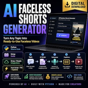 May include: A digital graphic advertising an AI Faceless Shorts Generator. The image features a laptop screen showcasing the software interface, with text reading "Turn Any Topic Into Ready-to-Use Faceless Videos." The graphic also highlights features like AI script and auto captions.