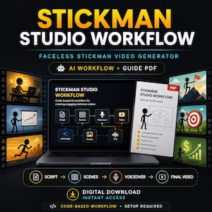 Stickman Studio Workflow | Faceless YouTube Video Generator | AI Workflow PDF + Guide PDF | Stickman Video Creation Digital Download