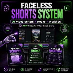 May include: A digital product bundle titled Faceless Shorts System featuring three PDF guides for TikTok, Reels, and Shorts. The graphic includes text about AI video scripts, viral hooks, and content workflow, displayed with neon green and purple accents.