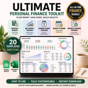 May include: A laptop screen shows a personal finance toolkit with financial charts and graphs. The image includes the text "ULTIMATE PERSONAL FINANCE TOOLKIT" and icons for budgeting and tracking. A coffee cup and notepad are in the background.