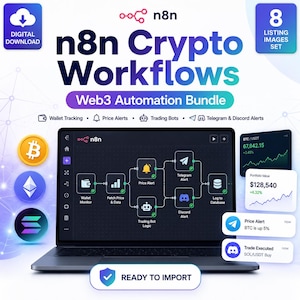 Può includere: Un set di download digitale di 8 flussi di lavoro crittografici n8n per l'automazione Web3. La grafica mostra un portatile con un diagramma di flusso che include icone per il monitoraggio del portafoglio, avvisi di prezzo e bot.