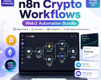 May include: A digital download set of 8 n8n crypto workflows for Web3 automation. The graphic features a laptop displaying a workflow diagram with icons for wallet tracking, price alerts, trading bots, and Telegram and Discord notifications.