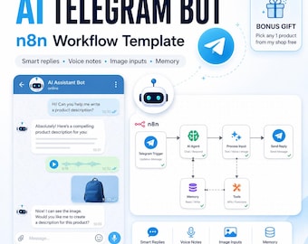 May include: An AI Telegram bot n8n workflow template featuring a chat interface with an AI assistant, a visual flowchart of the automation process, and icons for smart replies, voice notes, image inputs, and memory. Includes a bonus gift box icon.