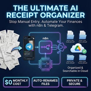 以下が含まれることがあります： AIレシートオーガナイザーの広告。画像には、レシート、Telegramアプリを搭載したスマートフォン、クラウドストレージのアイコンが表示されています。テキストには「THE ULTIMATE AI RECEIPT ORGANIZER」、「Stop Manual Entry. Automate Your Finances」、および「$0 MONTHLY COST」が含まれています。