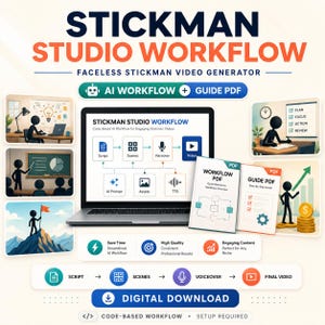 Faceless Stickman Video Workflow | AI YouTube Automation | Workflow PDF + Guide PDF | Digital Download for Content Creators