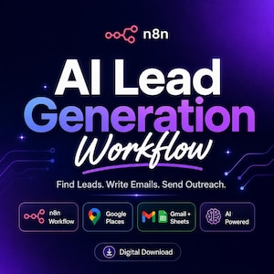 May include: A digital graphic for an n8n AI Lead Generation Workflow featuring the text Find Leads. Write Emails. Send Outreach. It includes icons for n8n Workflow, Google Places, Gmail, Sheets, and AI Powered, with a Digital Download button.