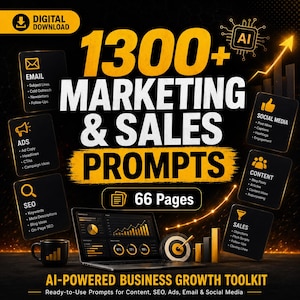 May include: A digital download titled 1300+ Marketing & Sales Prompts, 66 Pages, AI-Powered Business Growth Toolkit. The graphic features black and yellow text, icons for email, ads, SEO, social media, content, and sales, and a laptop displaying charts.