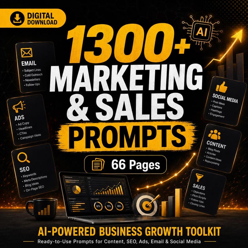 May include: A digital download titled 1300+ Marketing & Sales Prompts, 66 Pages, AI-Powered Business Growth Toolkit. The graphic features black and yellow text, icons for email, ads, SEO, social media, content, and sales, and a laptop displaying charts.