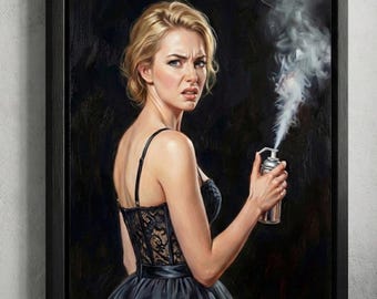 Funny Vintage Woman Spraying Art, Humorous Bathroom Decor (Digital Download)