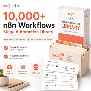 May include: A digital product box and file organiser labelled n8n Mega Automation Library containing 10,000+ workflows. The set includes ready-to-import JSON templates, a searchable index, and a setup guide for AI agents, lead generation, CRM, email, and web scraping tasks.
