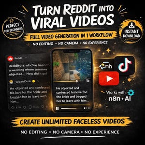 May include: A promotional graphic with the text "Turn Reddit into Viral Videos." It features a smartphone displaying a video, along with social media icons for TikTok and YouTube. The graphic promotes full video generation with no editing, camera, or experience needed.