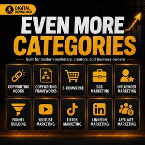 May include: A digital download graphic featuring the text EVEN MORE CATEGORIES and Built for modern marketers, creators, and business owners. It displays ten yellow icons with labels: Copywriting Hooks, Frameworks, E-commerce, B2B, Influencer, Funnel, YouTube, TikTok, LinkedIn, and Affiliate Marketing.