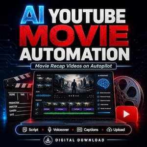 Op de afbeelding: Een digitale afbeelding met de tekst AI YOUTUBE MOVIE AUTOMATION en Movie Recap Videos on Autopilot. Een laptop toont videobewerkingssoftware met een AI ASSISTANT hersenpictogram, een filmklapper en een filmrol.