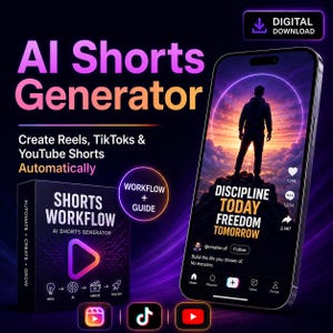 Może przedstawiać: Cyfrowy plik do pobrania dla generatora krótkich filmów AI, zawierający smartfon wyświetlający wideo z tekstem Discipline Today Freedom Tomorrow oraz pudełko z napisem Shorts Workflow z ikonami dla etapów pomysł, AI, tworzenie i publikacja.