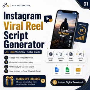May include: An n8n automation tool for Instagram viral reel script generation. The graphic displays a smartphone showing a reel, a viral score of 96, and a workflow diagram with icons for scraping, generating, writing, and saving to Docs, Sheets, and Email.