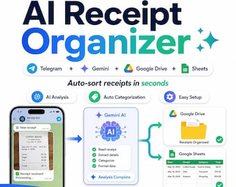 AI-kvittoorganisatör n8n-arbetsflöde, Telegram-skanner, Gemini-utgiftsspårare (digital nedladdning)