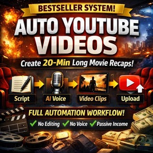 May include: An advertisement for an "Auto YouTube Videos" system. The image features text and graphics illustrating the process: Script, AI Voice, Video Clips, and Upload. Additional text includes "Create 20-Min Long Movie Recaps!" and "FULL AUTOMATION WORKFLOW!"