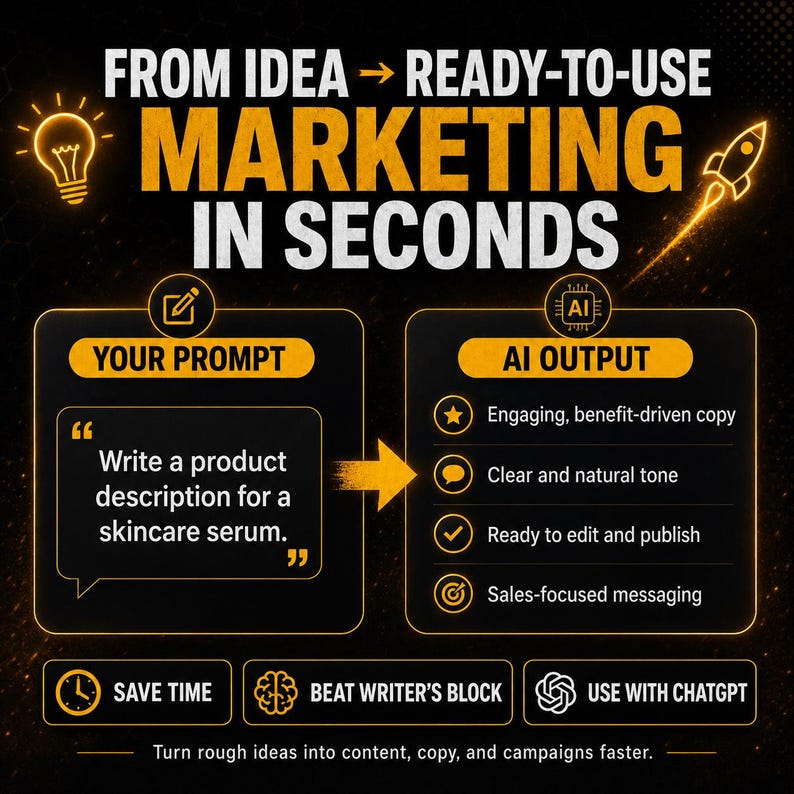 May include: A black and yellow infographic titled FROM IDEA TO READY-TO-USE MARKETING IN SECONDS. It illustrates a workflow from a prompt box labeled YOUR PROMPT to an AI OUTPUT box listing benefits like engaging copy, clear tone, and sales-focused messaging.