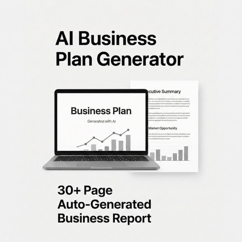 Op de afbeelding: Een laptop met een businessplan gegenereerd met AI, met een grafiek en staafdiagram. De tekst luidt "AI Business Plan Generator" en "30+ Page Auto-Generated Business Report". Een document met tekst is zichtbaar.