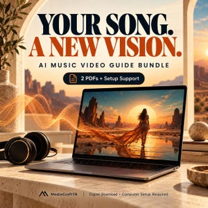 May include: A laptop displaying a sunset landscape with a person standing on a beach, accompanied by black headphones. Text reads: YOUR SONG. A NEW VISION. AI MUSIC VIDEO GUIDE BUNDLE, 2 PDFs + Setup Support, MediaCraftTR, Digital Download, Computer Setup Required.