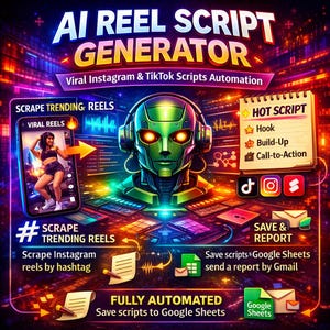 May include: A digital graphic titled AI REEL SCRIPT GENERATOR featuring a green robotic head with glowing eyes, a smartphone displaying a person in a video, a notepad labeled HOT SCRIPT, and icons for TikTok, Instagram, and Google Sheets.