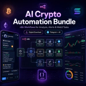 Może przedstawiać: Grafika cyfrowa promująca pakiet automatyzacji AI Crypto. Obraz zawiera smartfon wyświetlający dane rynkowe, schemat przepływu pracy i wykres. Tekst zawiera "Pobierz cyfrowo" i "Telegram + AI".