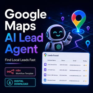 May include: A digital advertisement for a Google Maps AI Lead Agent. The image features a robot, a Google Maps pin, and a list of local business leads. The text includes "Find Local Leads Fast" and "Digital Download."