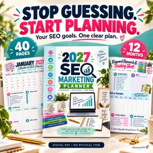 May include: A 2027 SEO marketing planner digital PDF with 40 pages covering 12 months. The cover features a laptop graphic, text reading '2027 SEO MARKETING PLANNER', and sections for strategy, keywords, content, backlinks, and analytics.