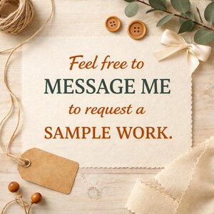 Op de afbeelding: Een rustiek thema-afbeelding met een cr&egrave;mekleurig papier met de tekst "Feel free to MESSAGE ME to request a SAMPLE WORK." De afbeelding bevat touw, houten knopen, een label en een strik.