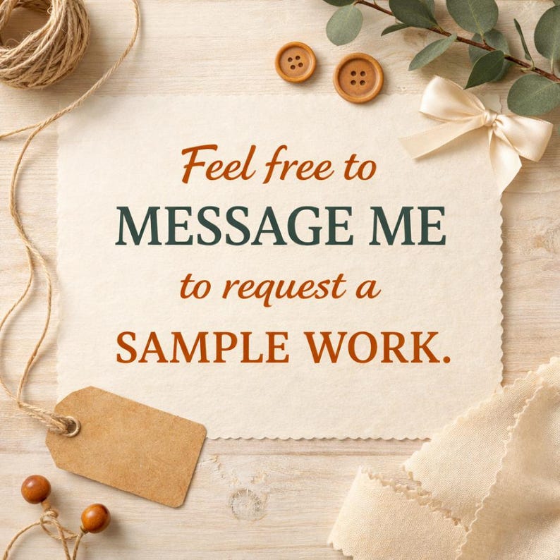 Op de afbeelding: Een rustiek thema-afbeelding met een cr&egrave;mekleurig papier met de tekst "Feel free to MESSAGE ME to request a SAMPLE WORK." De afbeelding bevat touw, houten knopen, een label en een strik.