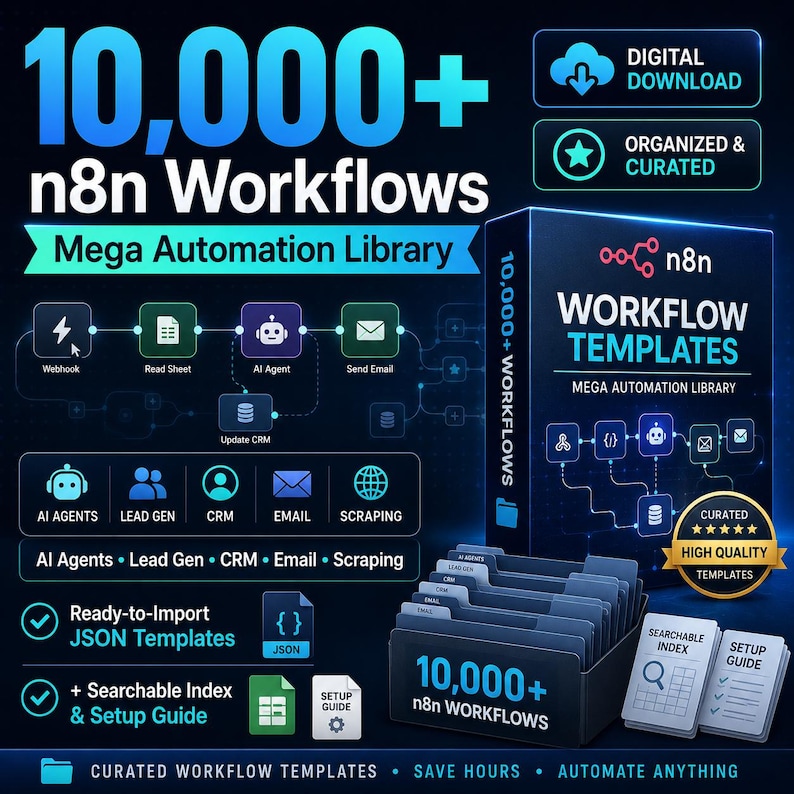May include: A digital product display for 10,000+ n8n Workflows Mega Automation Library. The graphic features a dark blue background with workflow diagrams, icons for AI agents, lead gen, CRM, email, and scraping, plus a file box of templates.