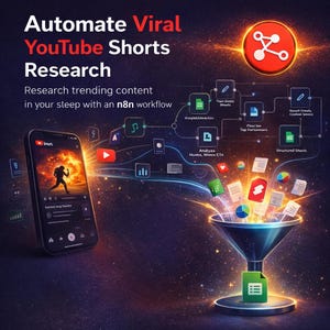May include: An illustration promoting YouTube Shorts research automation. The image features a smartphone displaying a video, connected by lines to various icons and documents, including YouTube and Google Sheets logos. Text includes "Automate Viral YouTube Shorts Research."