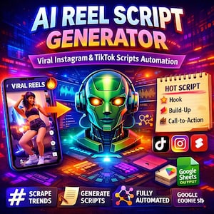 Può includere: Grafica vibrante che promuove un Generatore di script di Reel AI. L'immagine presenta una testa di robot futuristica, uno smartphone che mostra una figura danzante e icone di social media. Il testo include "Viral Instagram & TikTok Scripts Automation".