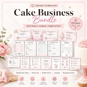 Może przedstawiać: Różowo-biały pakiet Cake Business z edytowalnymi szablonami Canva. Zawiera karty z podziękowaniami, cenniki, formularze zamówień, faktury i wizytówki. Zawiera tekst "Natychmiastowe pobieranie" i "Made for Bakers".