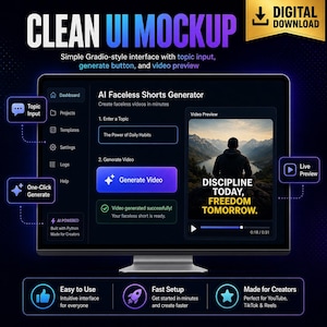 May include: A computer monitor showing a clean UI mockup for an AI faceless shorts generator. The interface includes topic input, a generate button, and a video preview. Text on the screen reads "DISCIPLINE TODAY, FREEDOM TOMORROW."