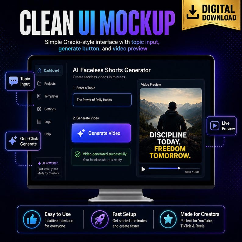 May include: A computer monitor showing a clean UI mockup for an AI faceless shorts generator. The interface includes topic input, a generate button, and a video preview. Text on the screen reads "DISCIPLINE TODAY, FREEDOM TOMORROW."
