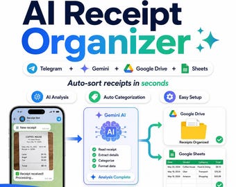 AI-kvittoorganisatör n8n-arbetsflöde | Telegram Gemini Google Sheets Automation (digital nedladdning)