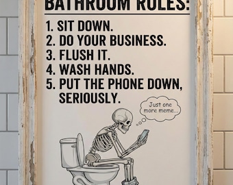Funny Skeleton Bathroom Rules Print | Humorous Restroom Sign (Digital Download)