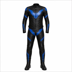 Men's Black Blue Leather Motorcycle Racing Suit | Lightning Wing Biker Outfit